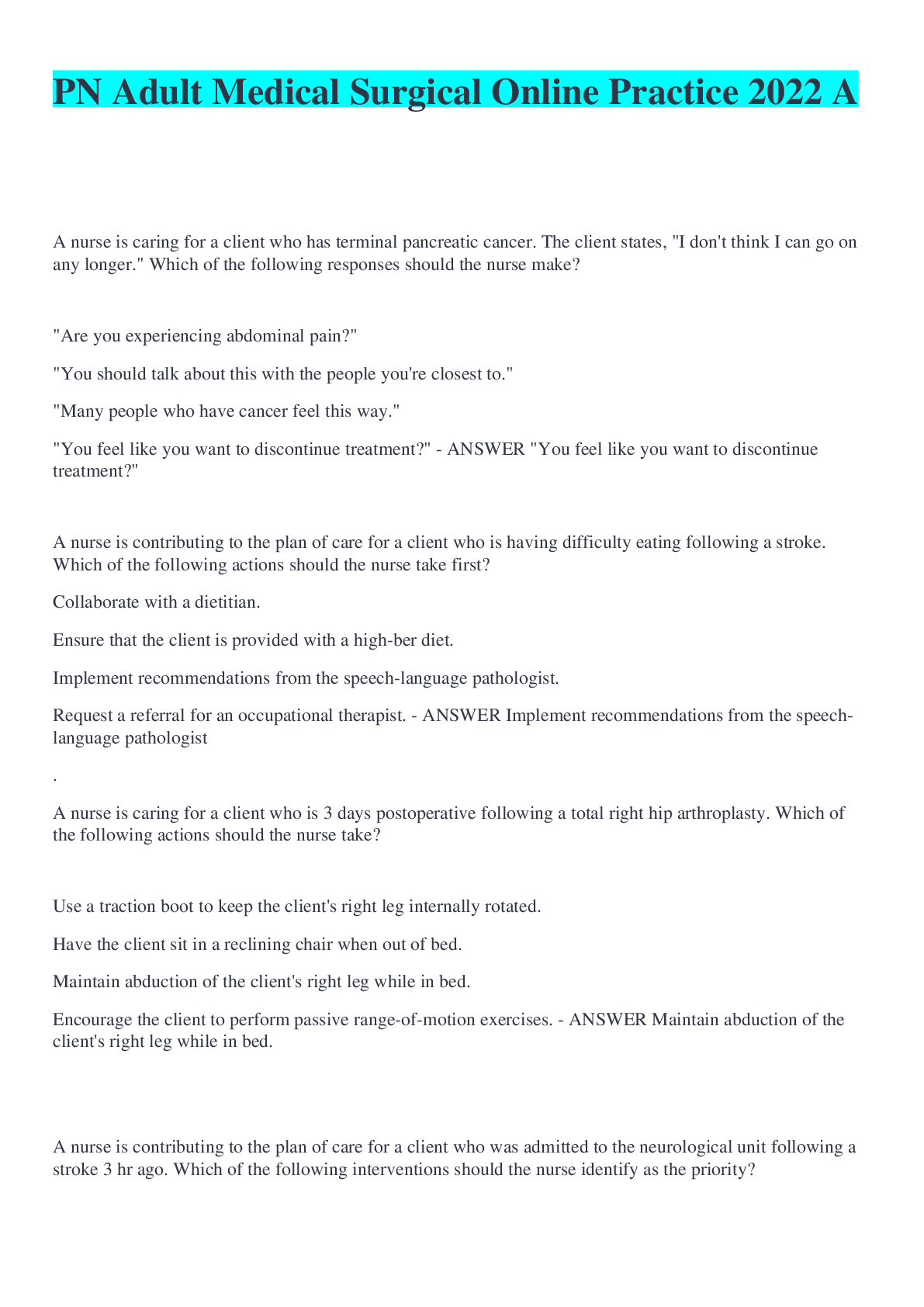 Preview image for PN Adult Medical Surgical Online Practice 2022 A